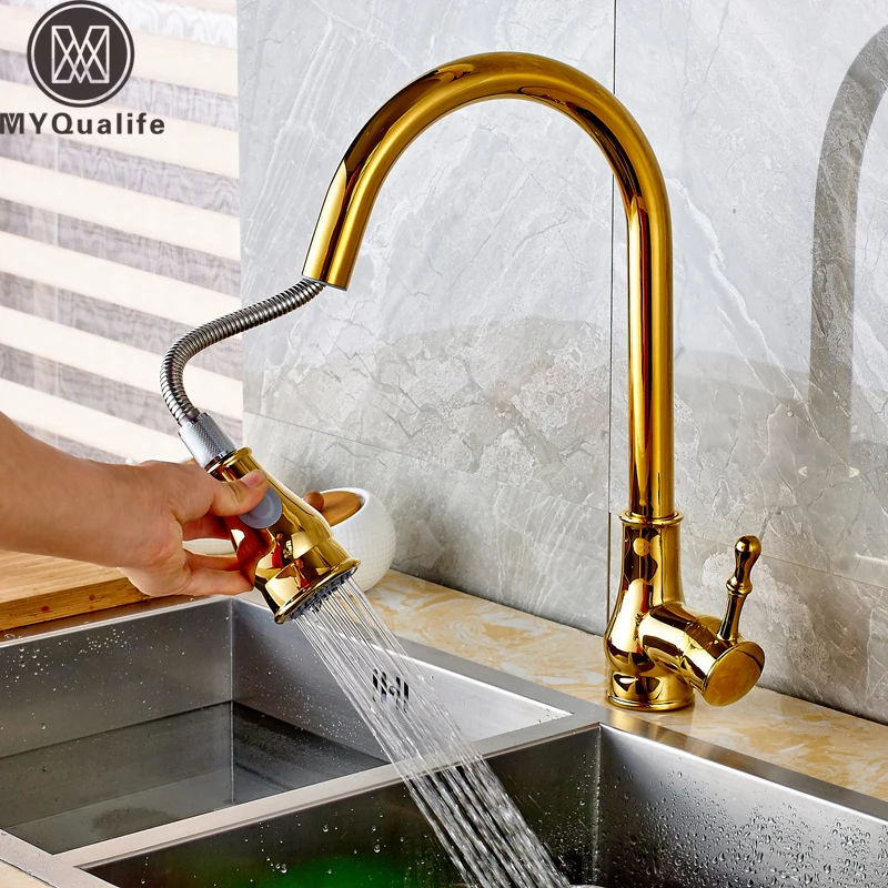 Us 2 95 41 Off High Arch Kitchen Faucet Golden Kitchen Sink Faucet Pull Out Rotation Stream Spray Mixer Tap Hot Cold Crane Deck Mounted In Kitchen