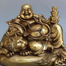 Sunsun00468@+++ 1" Китайский Латунь счастливый смех Будды Майтреи поездка Тигр Yuanbao жуй монета Статуя