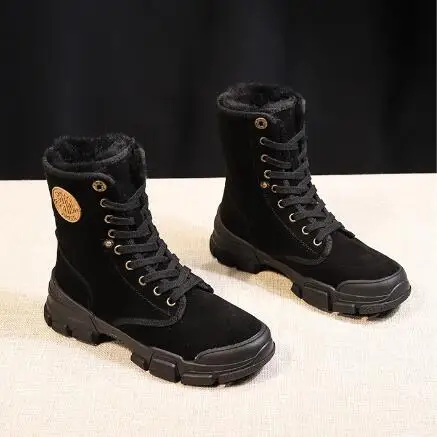 Tanie Śniegowce 2020 klasyczny płaski obcas zamszowe damskie zimowe buty ciepłe futro pluszowa wkładka botki damskie buty seksowna koronka up buty