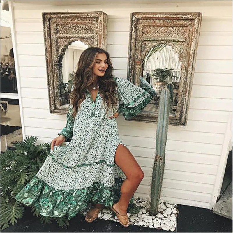 

Summer print Boho Maxi dress free Vintage Beachwear long sleeve ruffles dress African Ethnic Flower Casual Bohemian dress QV55