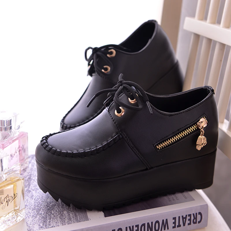 

2018 New Women Creepers Platform Shoes lace up zipper pu leater shoes White Black Women Flats Hot Sale Shoes Woman c257