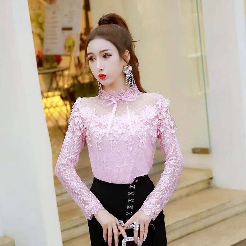Spring Women Long Sleeve Shirt Sweet Tie Bow  Floral Lace Blouse Female Hollow Out Tassel Mesh Blouses Blusas Short Tops AB1313 3