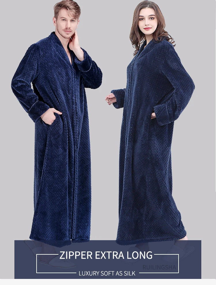 Для мужчин Для женщин зима молнии Удлиненные сгущаться сетки, фланель теплый банный халат плюс Размеры мягкие Термальность халат мужские халаты