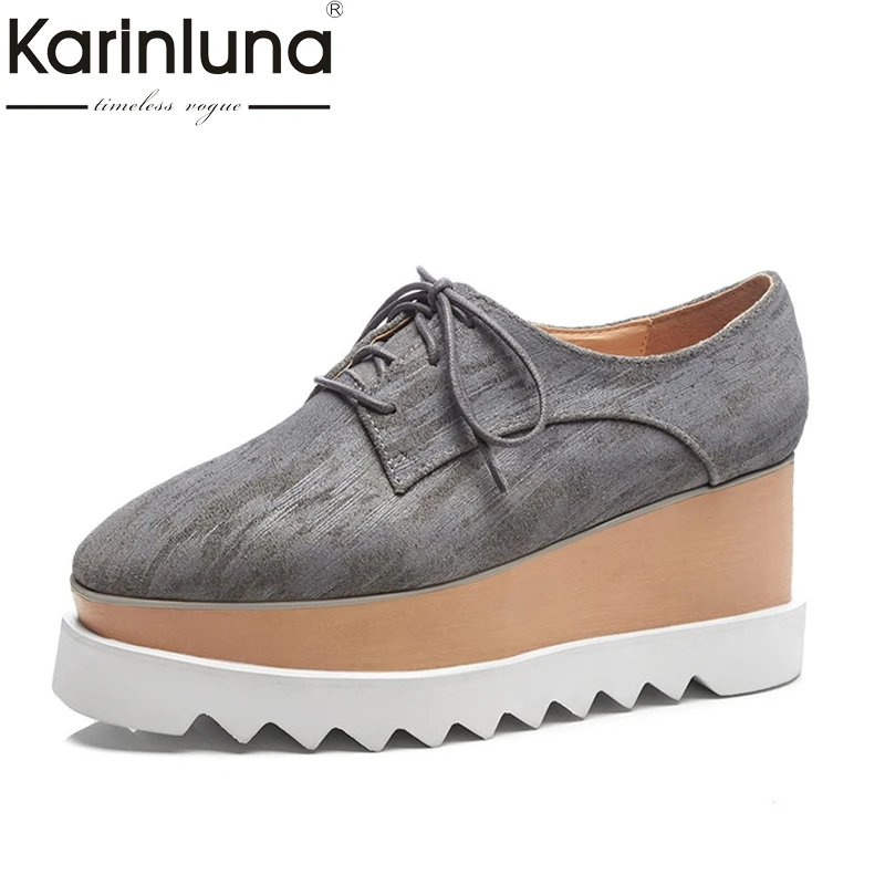 

Karinluna Women's Genuine Leather Lace Up Wedge Heel Shoes Woman Square Toe Platform Oxfords Size 34-44