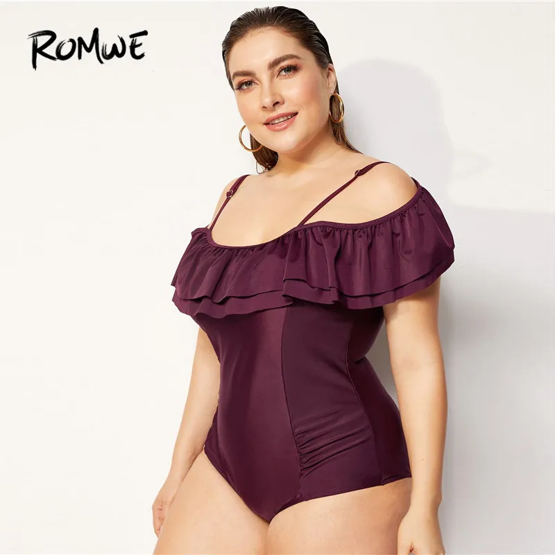 

Romwe Sport Burgundy Spaghetti Strap Off The Shoulder Ruffle Layer One Piece Swimsuits Plus Size Women Sexy Backless Swimwear
