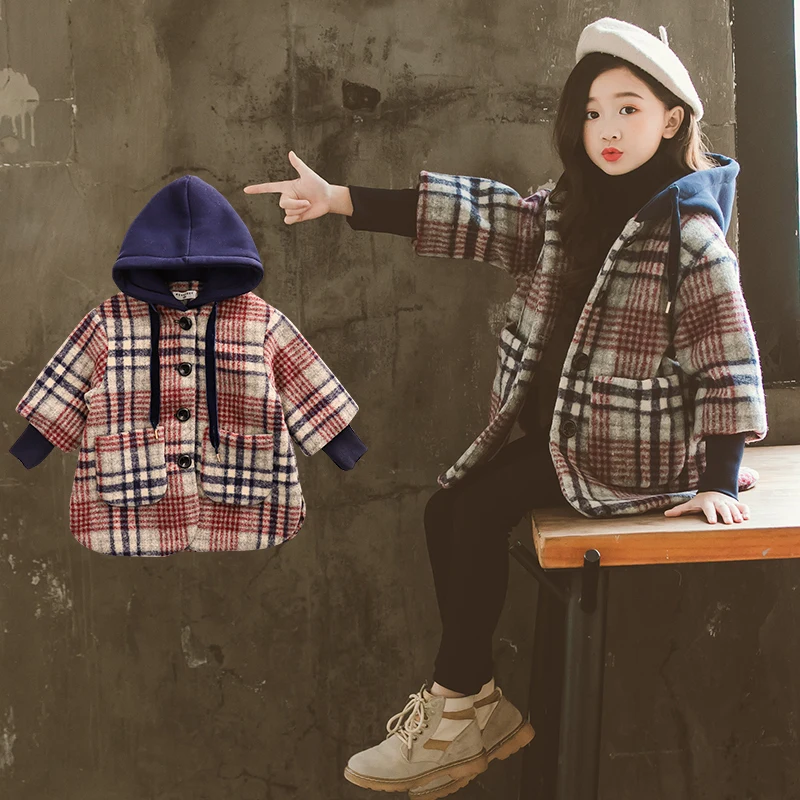 

3-11 year old girl Windbreaker autumn and winter Fashion thickening Hooded woolen coat Fashion kids outwear Large pocket