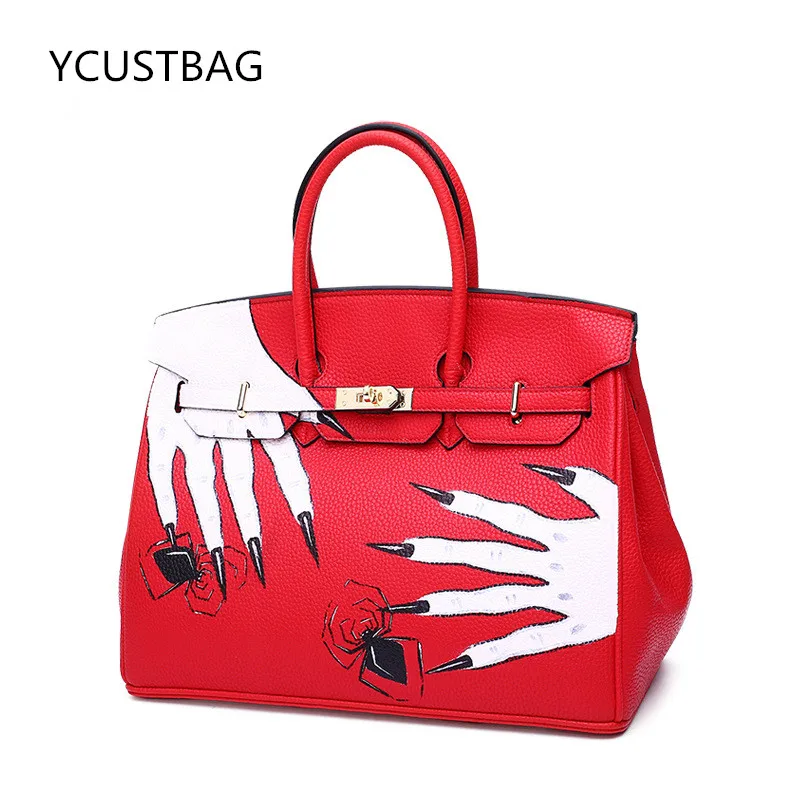 

2017 Graffiti Painting Skull Hand Vintage Litchi Stria Anti Theft Bag Black Genuine Leather High Quality Women Top-handle bags