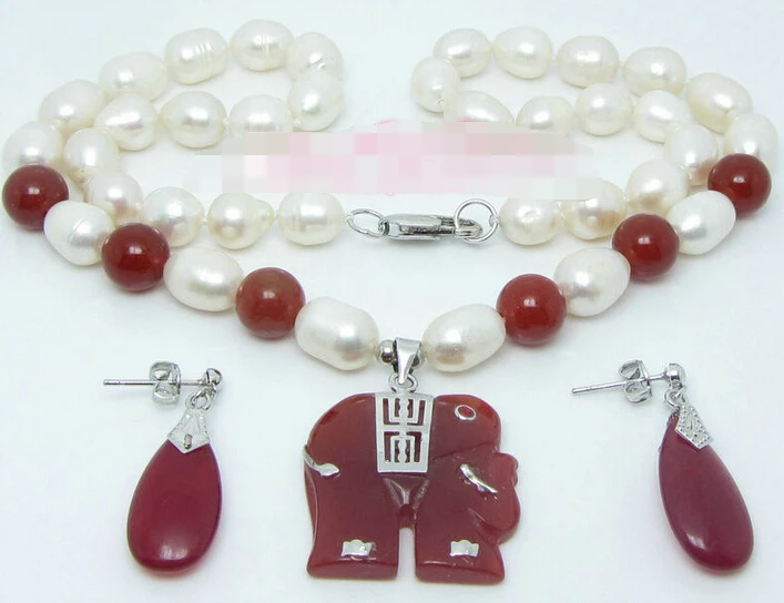 

1739 White pearl Red jade Elephant pendant necklace earring