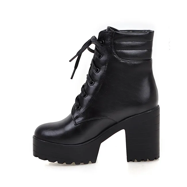 YMECHIC/ботильоны на платформе со шнуровкой в стиле панк; ботильоны на квадратном каблуке; цвет белый, черный; женская обувь на не сужающемся книзу массивном каблуке; Осенняя обувь размера плюс; ботинки в готическом стиле; ботинки в байкерском стиле