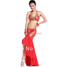 Танец живота Костюм Павлин золотые монеты топ+ шифоновая юбка рыбий хвост 2 шт/костюм для живота танцевальный костюм комплект для упражнений 9 цветов