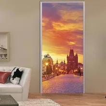Prague Sun Landscape Stickers Door Vinyl Wallpaper Waterproof DIY Home Decor