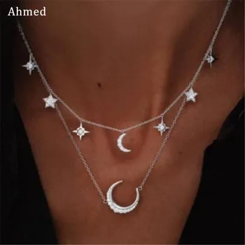 

Ahmed Brand Stella Double layer Pendant Rhinestone Moon Necklace Gold Silver Luna Necklace Women Phase Star Necklace Wholesale