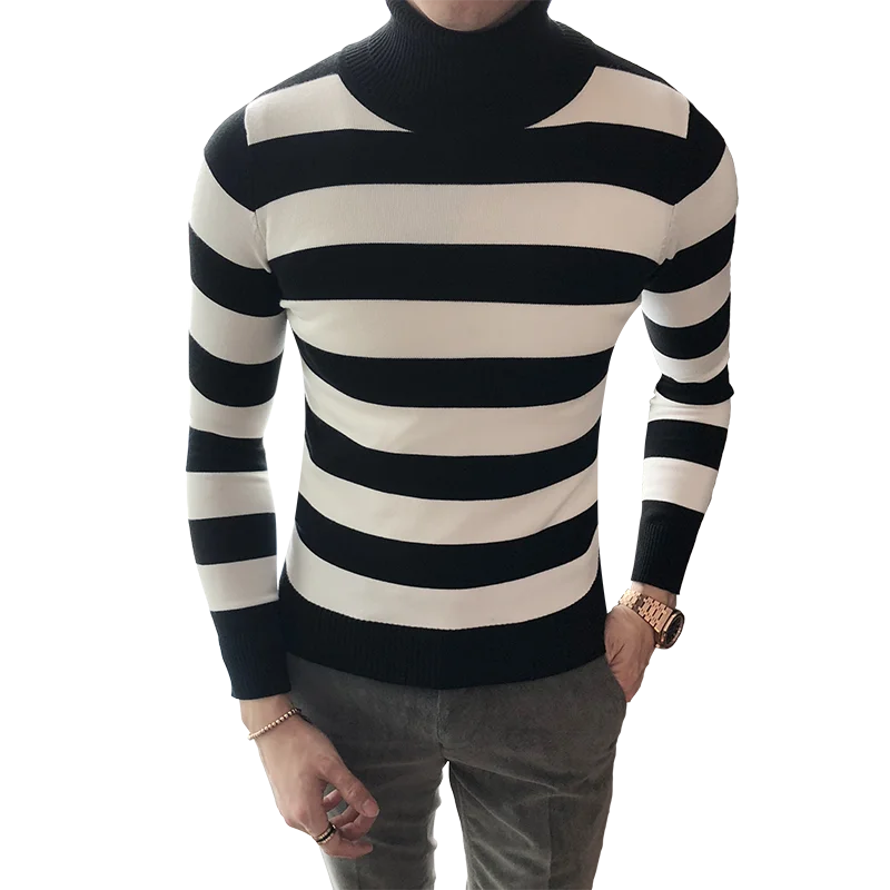 

Men Turtleneck Pullover Stripe Sweater Fashion Casual Slim Fit Knitting Sweater Korean version Male Autumn Winter Clothing