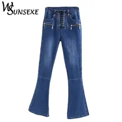 Ретро Кружево до вспышки Джинсы для женщин Для женщин Повседневное Высокая талия эластичный strench синего джинсового цвета тонкие длинные