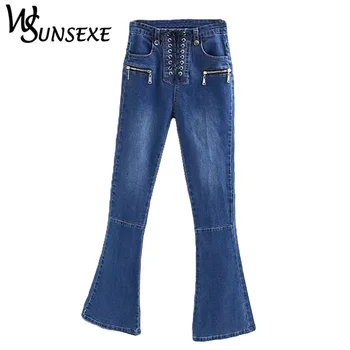 

Retro Lace Up Flare Jeans Women Casual High Waist Elastic Strench Denim Blue Slim Long Pants Female Vintage Splice Trousers 2018