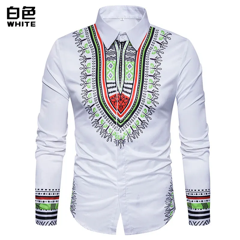 Мужские хипстерские африканские Дашики приталенные рубашки повседневные рубашки с длинным рукавом На Пуговицах Мужские традиционные африканские рубашки 3XL - Цвет: White