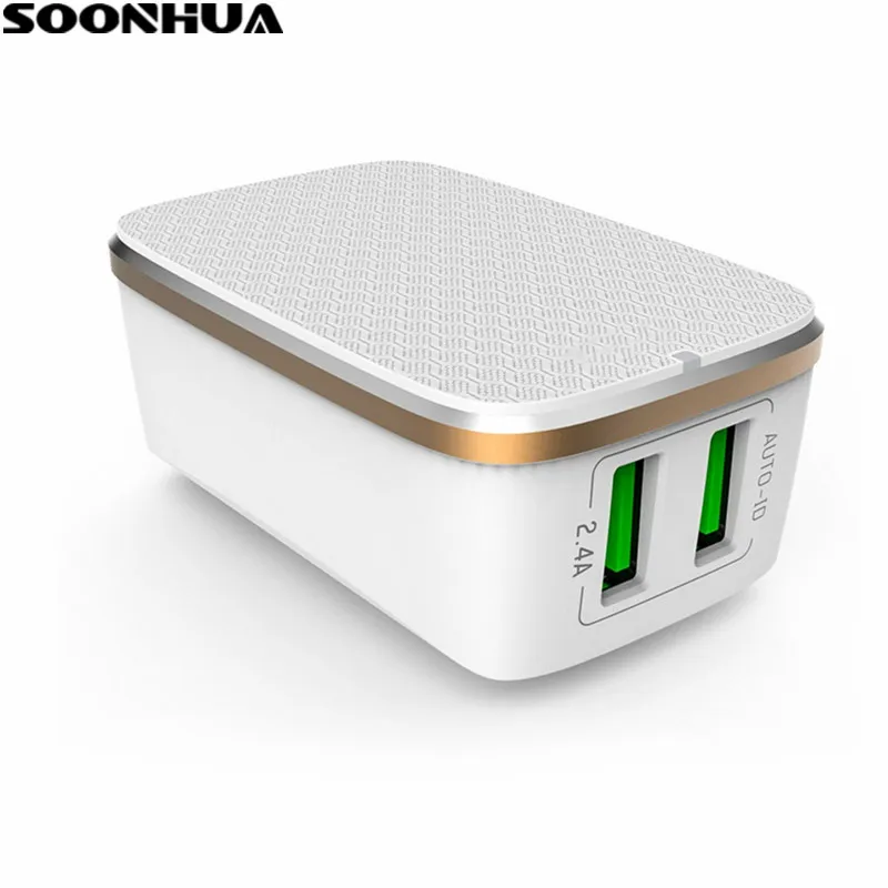 

SOONHUA 5V 2.4A 2-Port USB Charger Aluminum Alloy Travel Wall Charger Adapter EU US UK Plug For iPhone iPad Samsung Galaxy S8