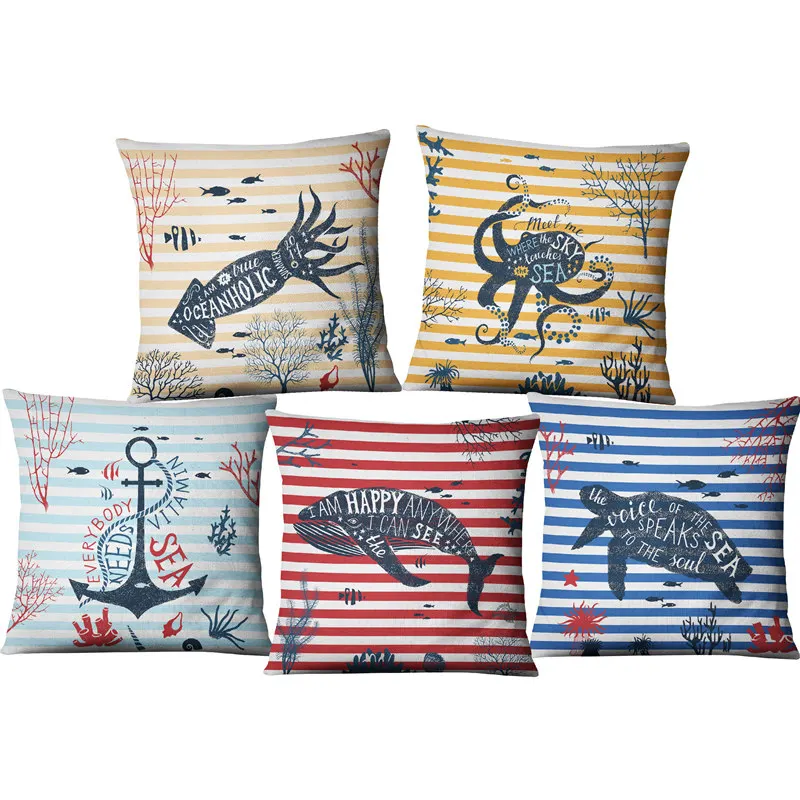 

Hand painted Sea Turtle Printed Linen Cushion Cover Marine Ocean Sea Horse Home Decor Pillowcase Octopus Sofa pillowcase