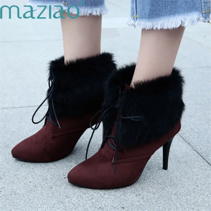 

New Fashion Shoes Woman Ankle Boots High Heels Shoes Lace Up Pump Leather Pointed Toe Fluffy Shoes MAZIAO