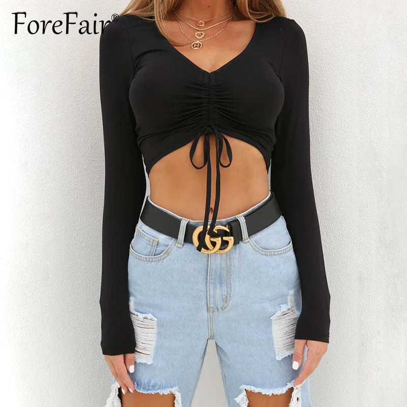 

Forefair 2018 Slim Elastic Crop Top T Shirt Women V Neck Long Sleeve Drawstring Tops Sexy Cropped