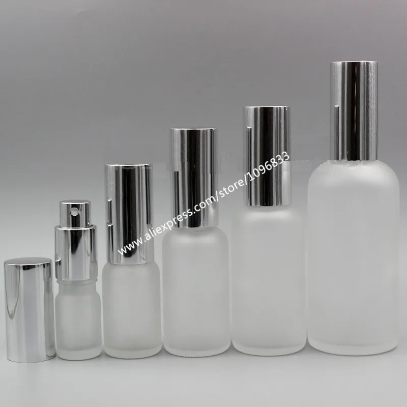 5ML 10ML 15ML 20ML 30ML Frosted Glass Bottle Spray Atomizer Lotion Pump Silver Cap Empty Essential Oil Packing Bottles25 Pieces