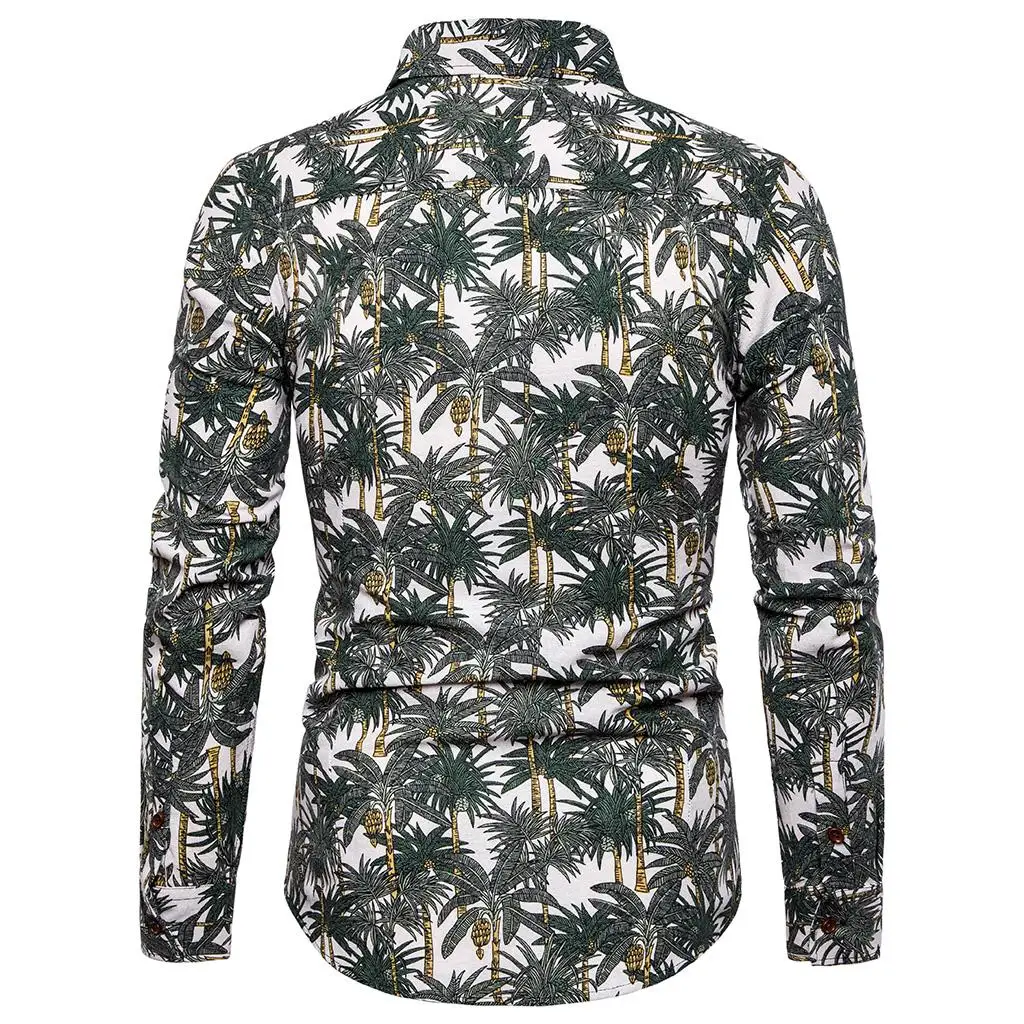Мужские льняные рубашки одежда пальмовое дерево с длинными рукавами Блузка для мужчин Slim Fit Гавайский стиль Мужские рубашки Новое