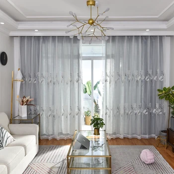 

Rural White Embroidery Flower Sheer Panel Curtain for Living Room Solid All-match Grey Curtain for Bedroom Window Drape