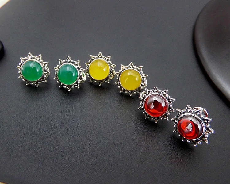 

925 sterling silver Thai silver onyx green garnet sun flower earrings
