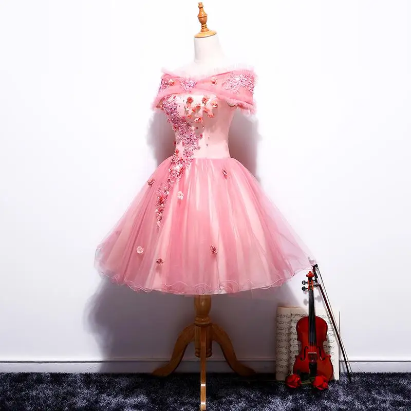 Бальные платья Новые Элегантные с коротким рукавом классические с вышивкой с открытыми плечами Мини бальное платье платья для выпускного вечера - Цвет: Розовый