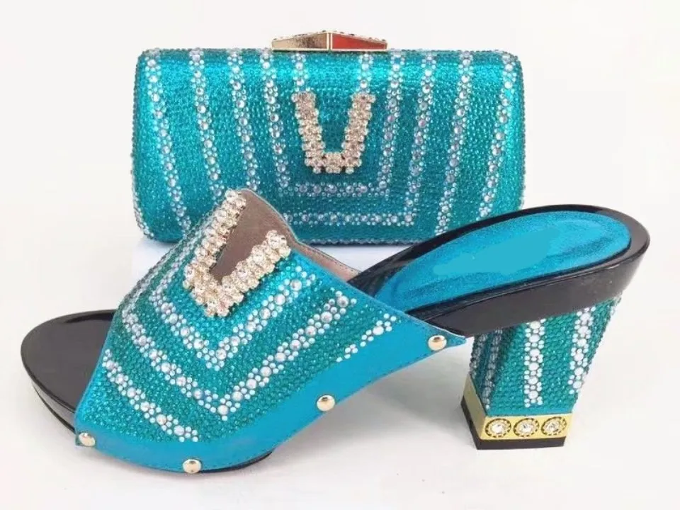 

Elegant water blue women pumps and bag set with rhinestone decoration african shoes match handbag for dress A1034