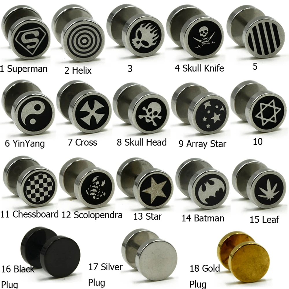 

Showlove 1Pair Design Mixed Stainless Steel Round Plain Unisex Ear Stud Fake Ear Stretcher Plug Earrings