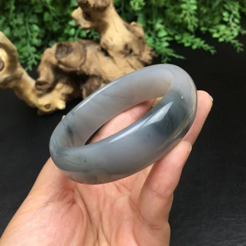 

h14#Hetian jade smoke blue flower bracelet Qinghai material smoke green ash wide strip jade bracelet