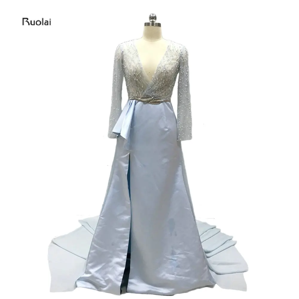 

Sexy Deep V-neck Chrissy Teigen Oscars Dress Wedding Party Sweep Train Custom Made Long Sleeves Evening Dresses
