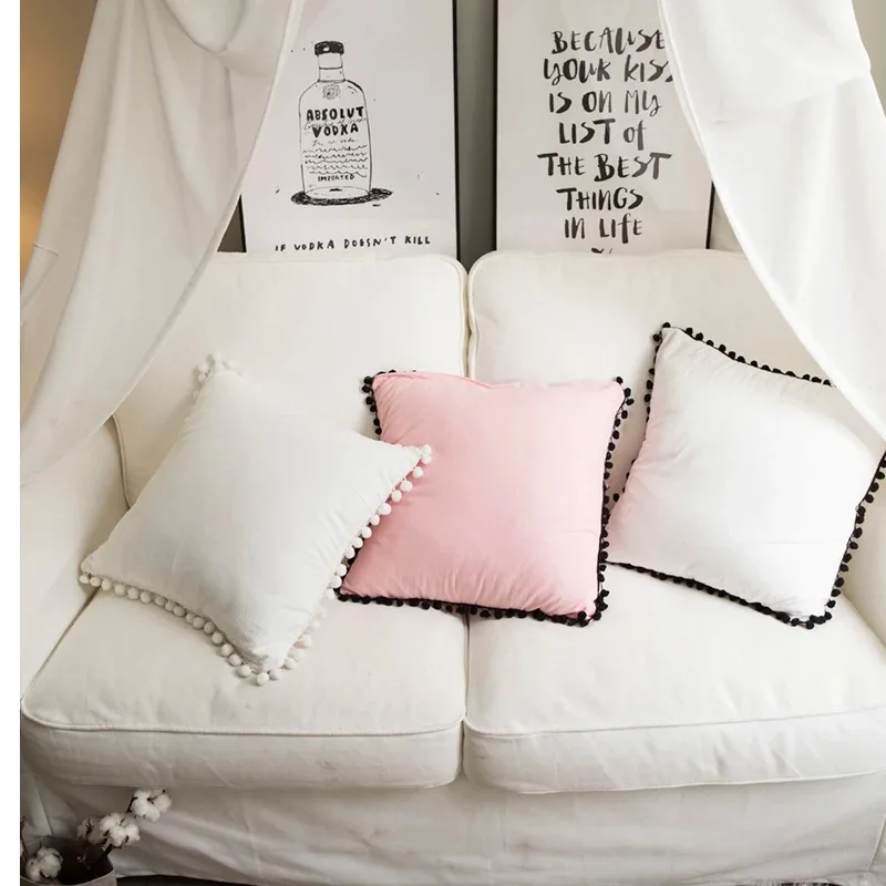 Lannidaa 45*45 см Черно-белый чехол для подушки с помпоном, однотонный чехол для подушки, хлопок, декоративная кровать, диван, наволочка, 1 шт., квадратная наволочка