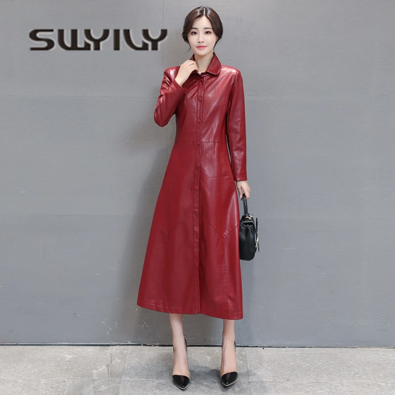 SWYIVY 5XL Plus Big Size Woman Jacket Coat Ankle Long 2018 Autumn Winter Cotton Ladies Outwear Coat Woman PU Leather Jacket Red