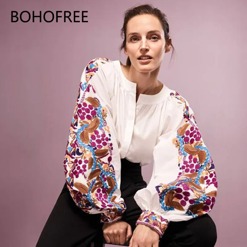 

BOHOFREE O Neck Lantern Sleeve Loose Pullovers Blusa Femme Floral Embroidery Shirts Mujer Boho Tops Blusas Autumn Blouses Women