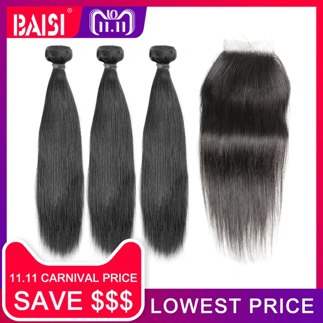 Cheap BAISI 3 Bundles with Closure Brazilian Straight 8A Virgin Hair Weave Nature 1B 100% Human Hair Extension 10-28inch Free Shipping Cheap BAISI 3 Bundles with Closure Brazilian Straight 8A Virgin Hair Weave Nature 1B 100% Human Hair Extension 10-28inch Free Shipping