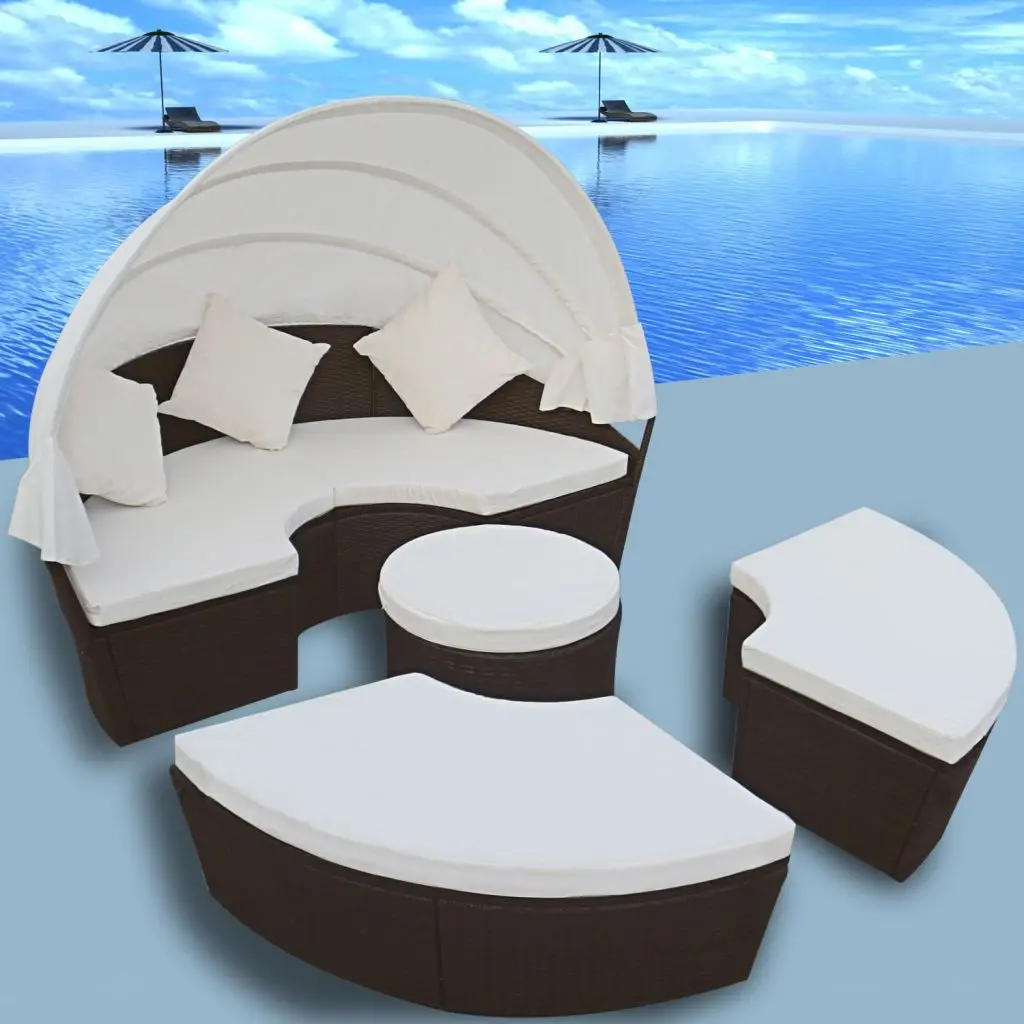 vidaXL 2 in 1 Rattan Lounge Set Outdoor Round Sun Bed with Canopy Brown