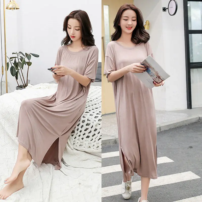 

New Modal Casual Dress Women Short Sleeve Loose Slim Sexy Beach Dress Split Long Dress Big Size Nightdress Summer Homewear f761