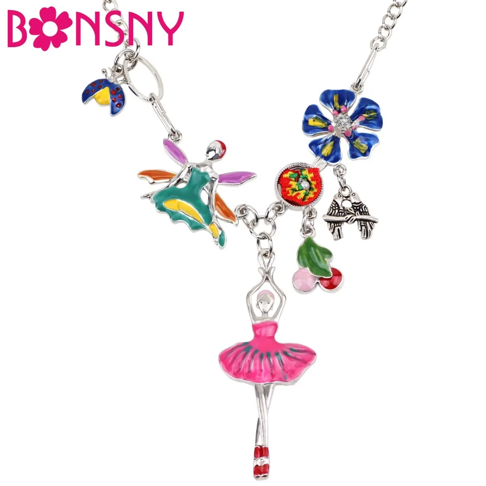 

Bonsny Statement Enamel Alloy Ballet Dancer Fairy Flower Necklace Pendant Choker Long Fashion Jewelry For Women Girls Kid Gift