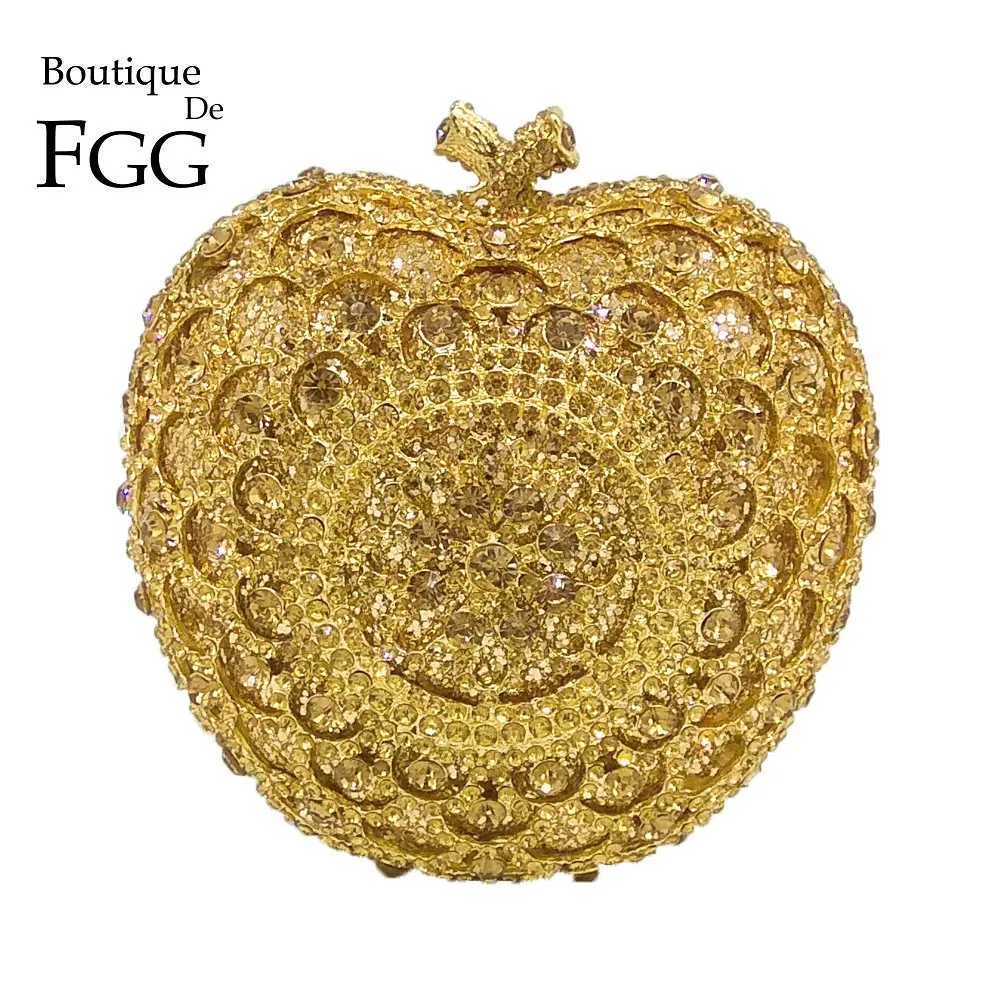 

Boutique De FGG Hollow Out Apple Shape Women Gold Crystal Clutch Evening Bag Wedding Party Cocktail MInaudiere Handbag Purse