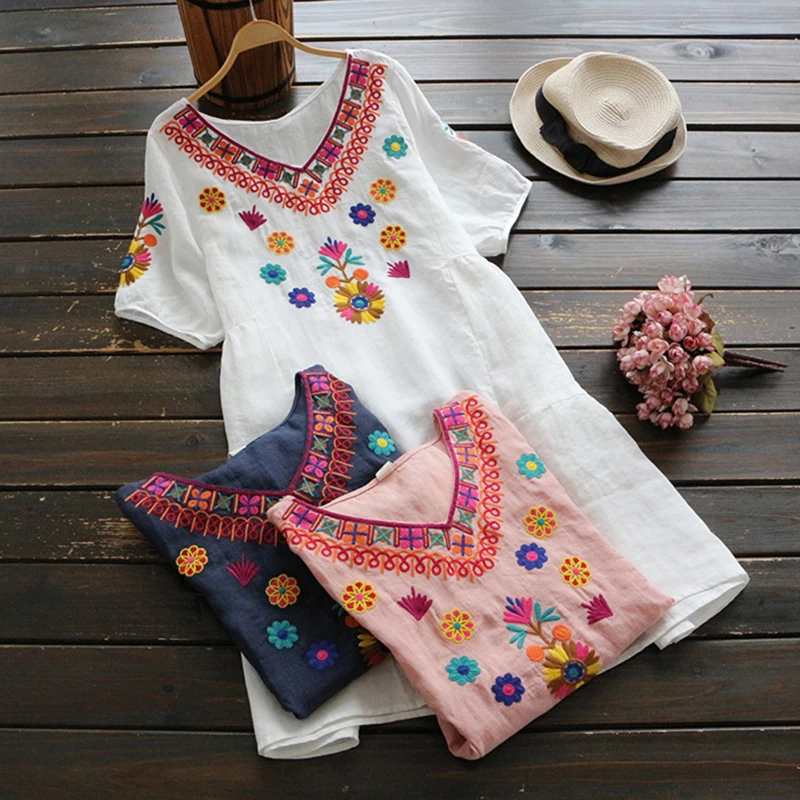

New summer old style vintage dress loose boho holiday dress Embroidered Floral pattern short sleeve dress national style dress