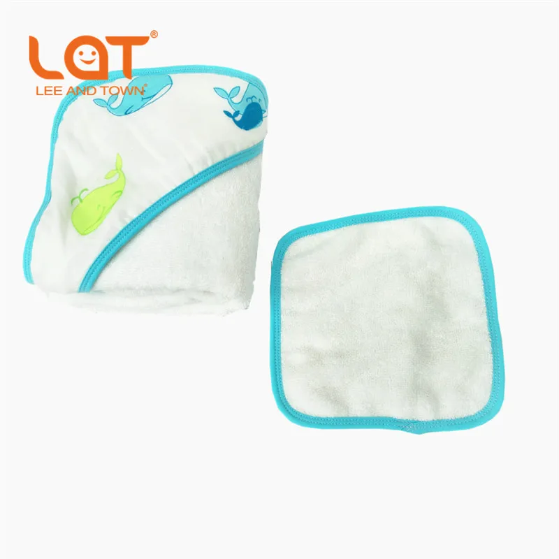  LAT Baby Cotton Eco-Friendly Printed Bath Hooded Towel +Face handkerchief Set Ultra Soft Infant Wra