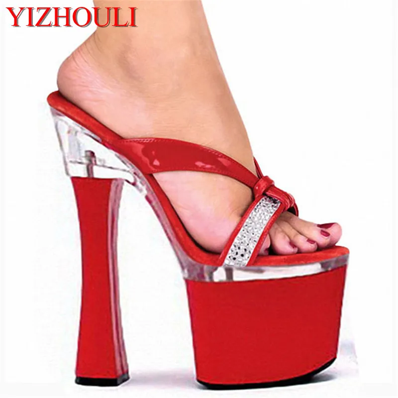 18cm Ultra High Heels Rhinestone Slippers Open Toe Women's Shoes 7 Inch High Heel Princess Dance Shoes
