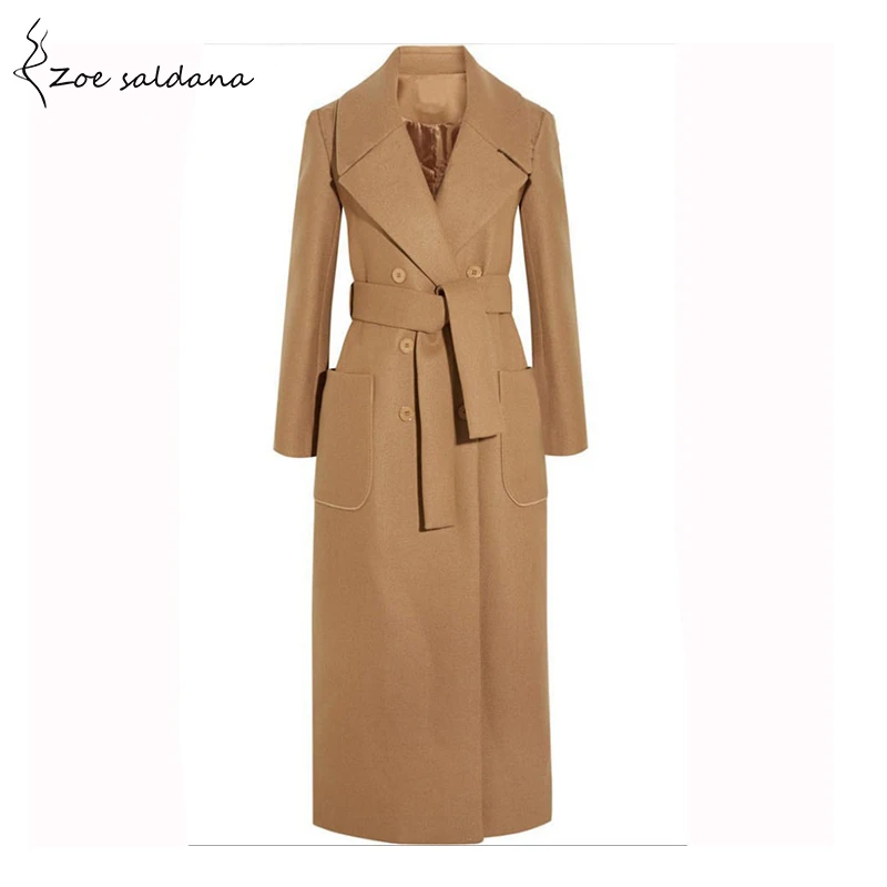 Beste Zoe Saldana 2018 Vrouwen Riem Wollen Jas Herfst X lange Slanke Overjas Lange Mouwen Turn down Kraag Vintage kameel Winter Jas