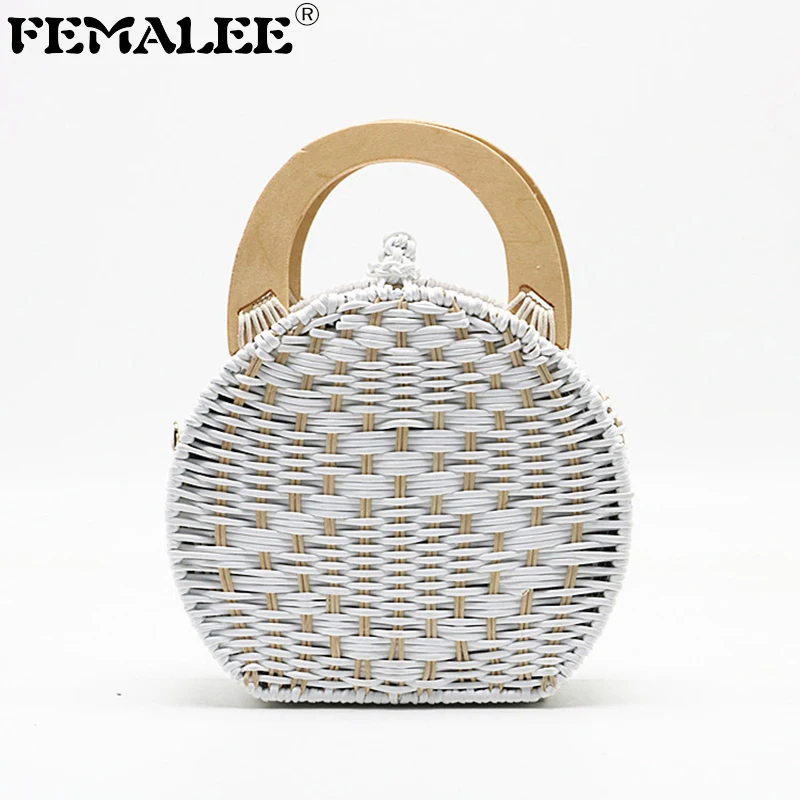 

FEMALEE Straw Handbag Beach Wooden Hand-Woven Top-Handle Beach Bags Circular Knitting Bags Travel Tote Bags Women Crossbody Bags