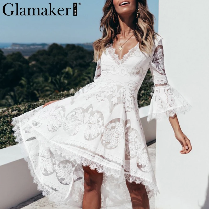 

Glamaker Irregular sexy lace summer dress Women v neck flare sleeve white dress elegant beach female short party dress vestidos