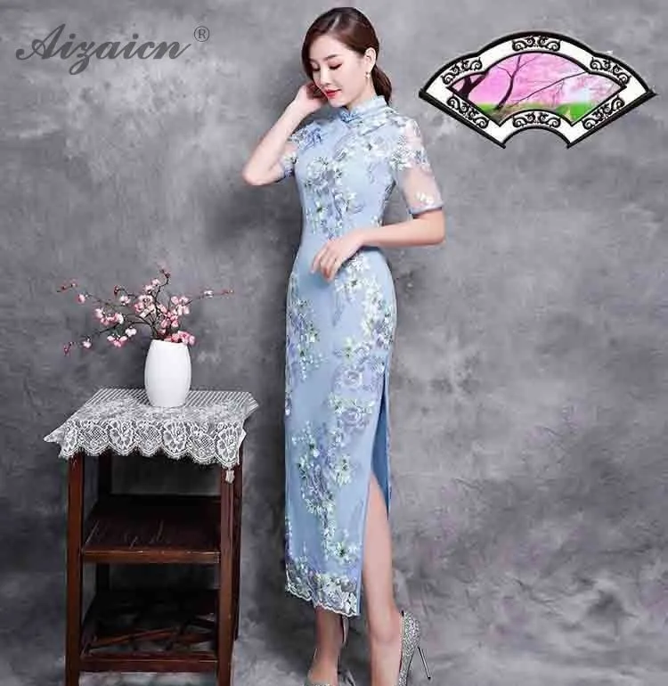 Чонсам Чино, vestido Qipao vestido bordado de encaje de color rosa Qi Pao Chinoies tradicionales vestidos de las mujeres