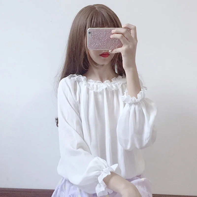 Spring ladies Lolita blouse New Japanese loose wild sweet lace lantern sleeves top women Harajuku l