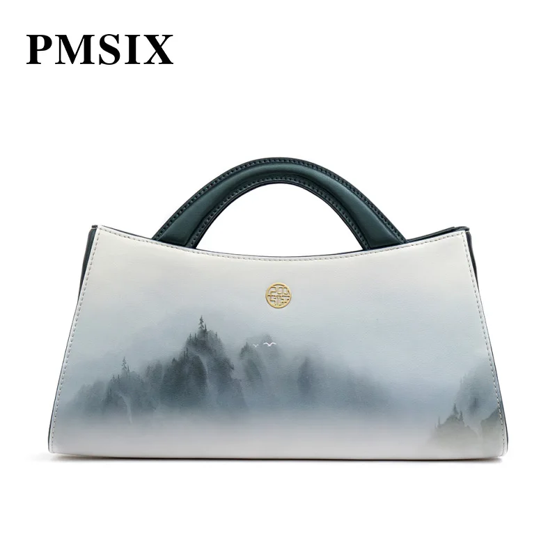 

PMSIX Cow Leather Handbags Fashion Floral Printing casual Hard clutch bags designer brand famous in womens'bag